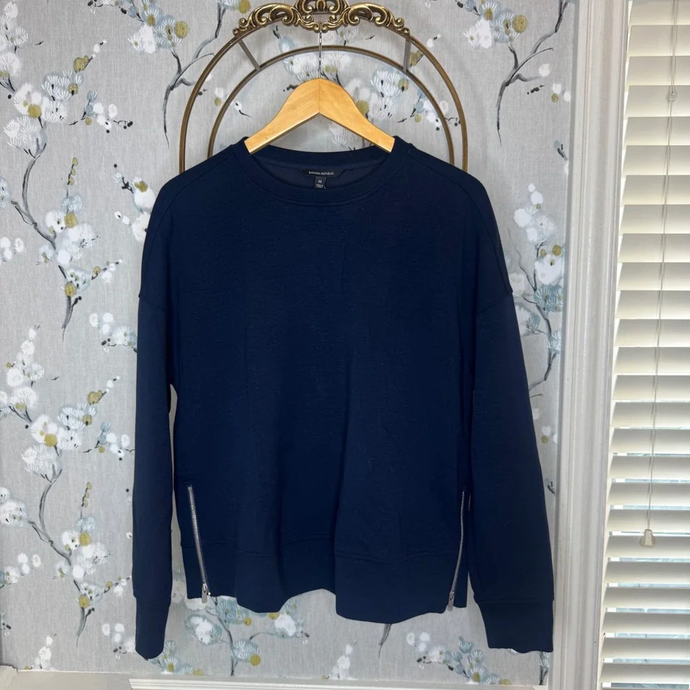 Banana Republic Navy Blue Side Zip Crew Neck Sweatshirt Pullover Mens Medium NEW